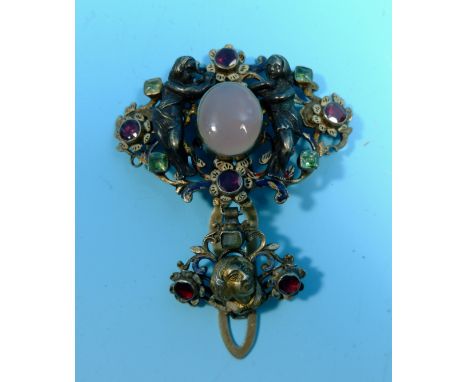 A Victorian enamel clip brooch with pendant, multi-coloured gemstone and enamel