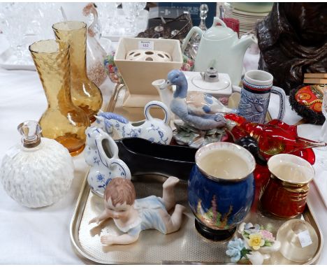 A collection of decorative pottery including a Coalport scent bottle; Carltonware; Murano glass; a Clarice Cliff vase (a.f.)
