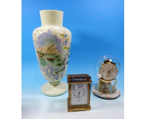 A brass carriage clock with timepiece movement, lettered 'St James, London'; a 400 day clock; a Victorian hand painted glass 