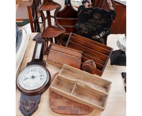 An oak cased barometer; a selection of wooden letter racks, pipe racks etc
