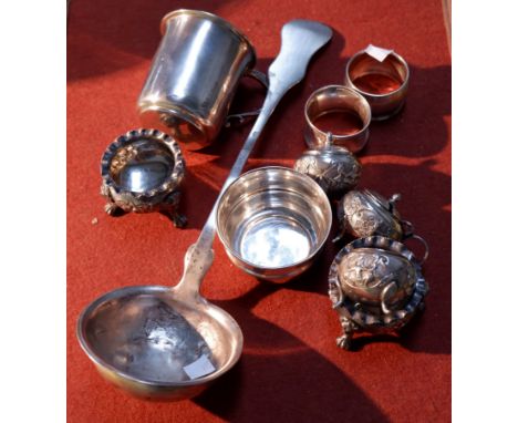 A hallmarked silver mug, Sheffield 1921; a small hallmarked silver bowl, Sheffield 1931; 2 silver napkin rings, 4½ oz; a pair