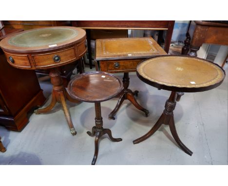 A mahogany reproduction drum table; a similar dwarf sofa table; 2 wine tables; a magazine rack