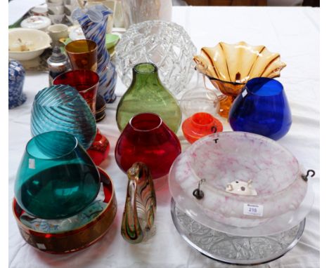 An Edwardian mottled glass light bowl; a selection of decorative coloured glassware; etc.