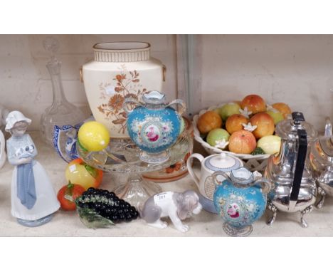 A Lladro figure of a puppy; a Nao figure; an EPNS teapot and coffee pot; etc.