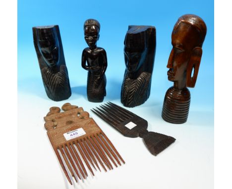 An African tribal comb with white pigmented scratched decoration, 9"; another of similar vintage; 4 carved figures; etc.