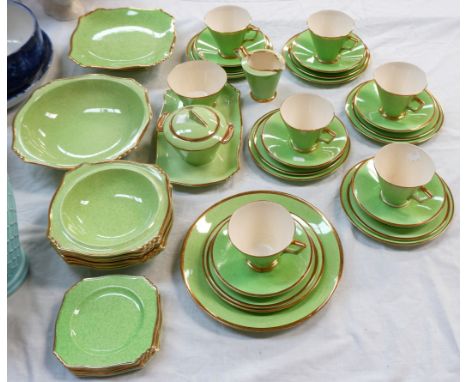 A Royal Winton Art Deco part tea service in green and gilt, 43 pieces approx