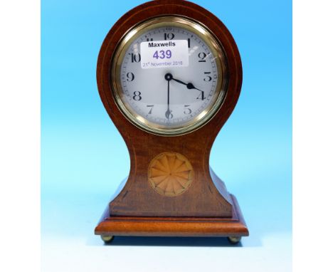 An Edwardian Sheraton style mantel clock in inlaid mahogany case, with French drum movement; a modern miniature longcase cloc