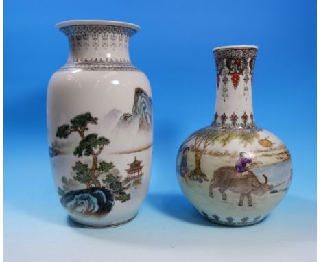 A Chinese Republic period rouleau shaped vase decorated in polychrome with pagodas on islands, etc., red seal mark to base, h