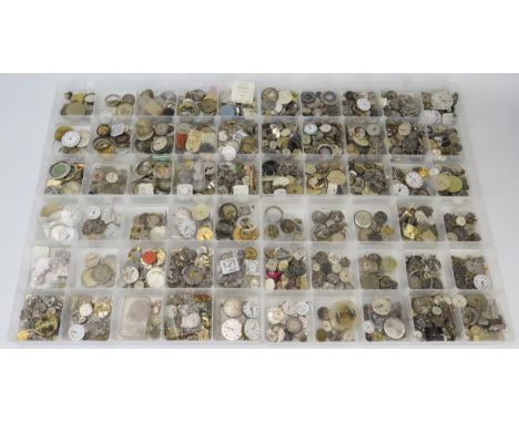 Box Containing Four Trays of Vintage Wristwatch Movements including JaegerLeCoultre, Movado, IWC, Cyma, Rolex. etc.