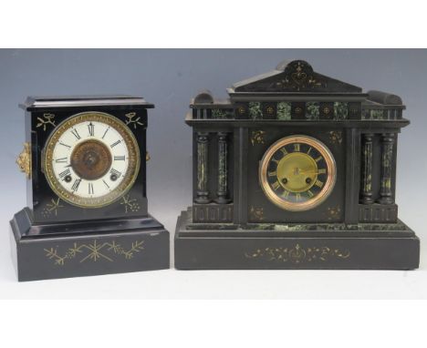 A late Victorian polished slate and marble mantel clock of architectural form, with 9.5cm slate dial with painted Roman numer