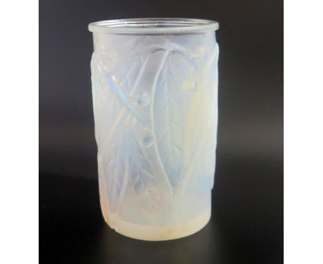 A Lalique opalescent glass 'Leaf &amp; Berry' pattern vase.  Signed R Lalique, France close to the base, 17.75cm high, chips 