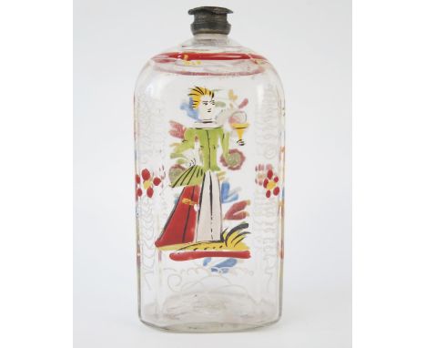 An 18th century Dutch clear glass and hand painted flask, of rectangular form with canted corners, decorated with floral spra