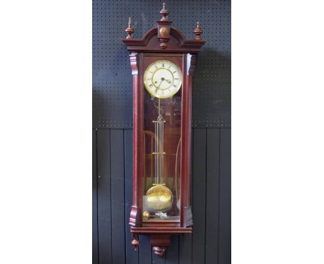 A Vienna style regulator wall clock, of traditional design, with 16cm Roman dial, lacks weights, the movement striking to a g