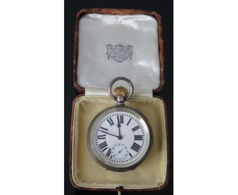 A Victorian Silver Open Dial Keyless Pocket Watch, the 54mm case with enamel dial having Roman numerals and subsidiary second