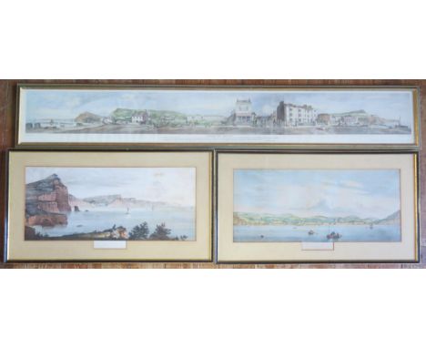 A panoramic view of Sidmouth, polychrome print, 18 x 32cm, together with a pair of prints, 'Sidmouth Taken from the Cliffs Ne