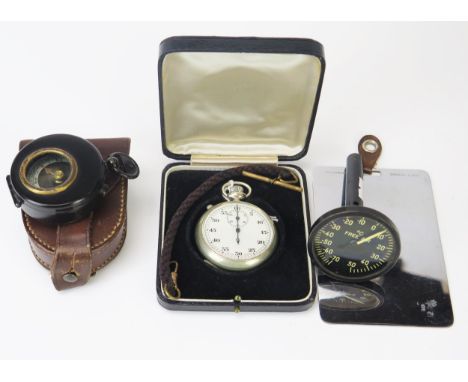 A military style compass in stitched leather case, a steel cased stopwatch, together with an American Army Airforce air therm
