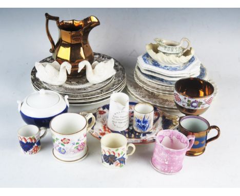 A collection of late 19th and 20th century transfer print plates, a lustre cordial jug, and goblet, and other assorted cerami