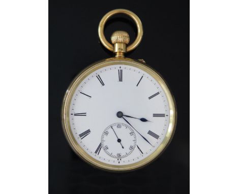 A Large Victorian 18ct Gold Open Dial Keyless Pocket Watch, the 55.5mm case with enamel dial having Roman numerals and subsid