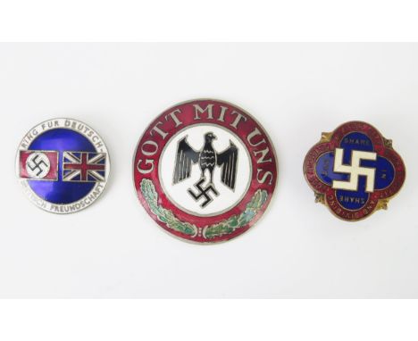 A Third Reich period enamel lapel badge, 'Britisch Freundschaft Ring Fur Deutsch', an enamel circular babge 'Gott Mit Uns tog