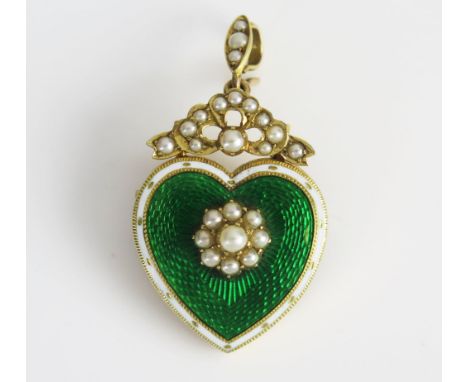 A Victorian Green GuillochÃ© Enamel and untested Pearl Heart Shaped Pendant Brooch in an unmarked high carat gold setting, c.