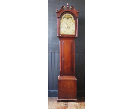 A 19th century oak and crossbanded longcase clock, the hood with arched broken swan neck pediment, fluted columns, the trunk 