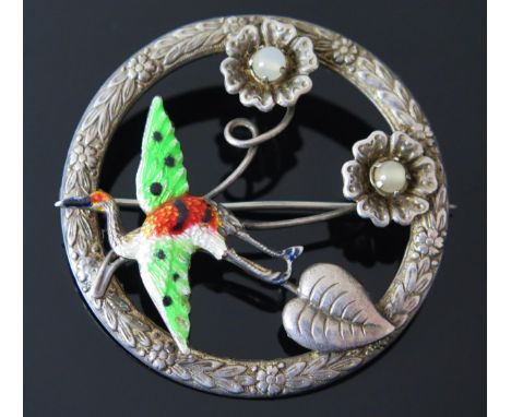 A Silver, Enamel and Stone Set Stork Brooch, 48mm diam., Ward Brothers, 15g 