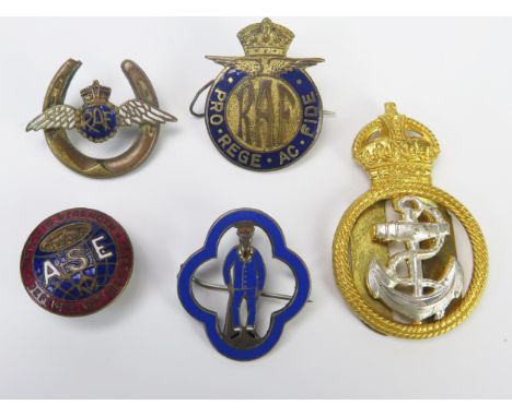 A small collection of WWI and later sweetheart brooches, enamel veterans badge, etc 