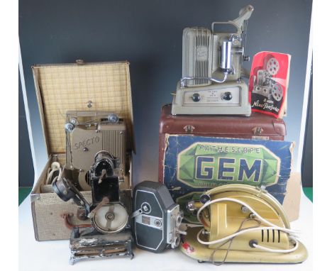 A collection of cine cameras and projectors including Eumig Mini 3 cine camera, Quarz cine camera, Specto projector, and othe