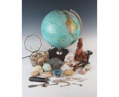 A Danish 12ins illuminated globe, assorted seashells, minerals, a child's Singer sewing machine, silverwares and spectacles 