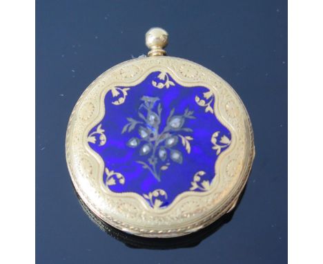A Ladies 18K Gold Fob Watch with blue enamel and rose cut diamond foliate decorated back, 31.5mm case, 21.2g 
