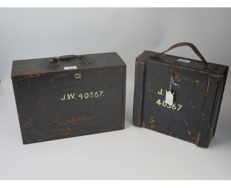 Two painted wood War Department style tool boxes, containing assorted tools and accessories. 