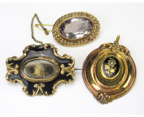 A Victorian Unmarked Gold and Enamel Memorial Brooch with 1862 inscription, 9ct gold amethyst and untested pearl brooch and y