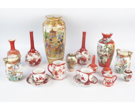 A collection of Japanese porcelain and pottery wares including a small Satsuma vase decorated with bijin looking towards Moun