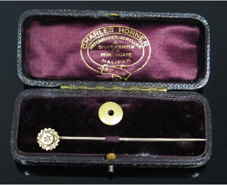 A Charles Horner Cased Diamond Stick Pin, stud back stamped 15CT, 2.7g 