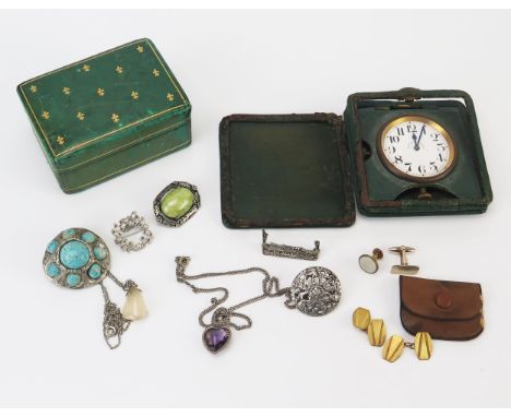 A Sterling Silver and Marcasite Gondola Brooch (c. 37.5mm), pair of rolled gold cufflinks, costume jewellery and travel clock