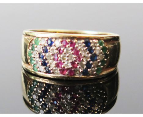 A Modern 9ct Gold, Diamond, Sapphire, Ruby and Emerald Cocktail ring, size M.5, 5.3g 