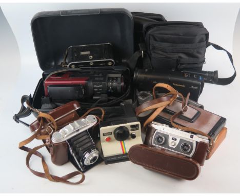A JVC VHS video recorder, cased, a Panasonic RX15 video recorder, Triumph folding camera, Agfa Isolette camera, a Wray Stereo
