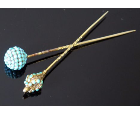 Two Victorian Unmarked Gold and Turquoise Stick Pins, largest 8cm, 8g 