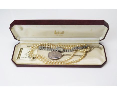 A Silver Locket on chain, Rotary ladies watch and Lotus twin strand synthetic pearl necklace with silver clasp 