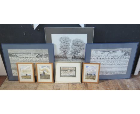 Anthony Amies, (1945-2999) three Suffolk landscape watercolours, signed and dated 86/87/87, 25 x 17cm,  Seascape, signed and 