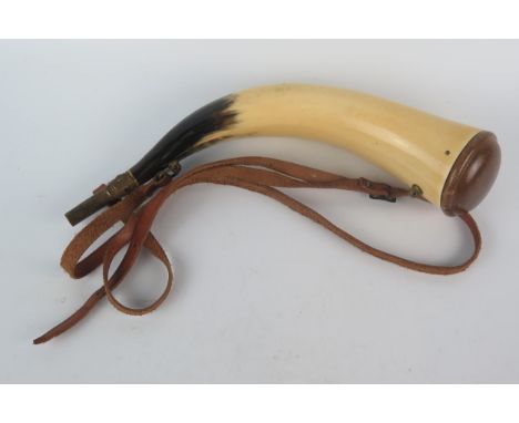 A Cow horn powder flask with leather strap, 40cm long. 