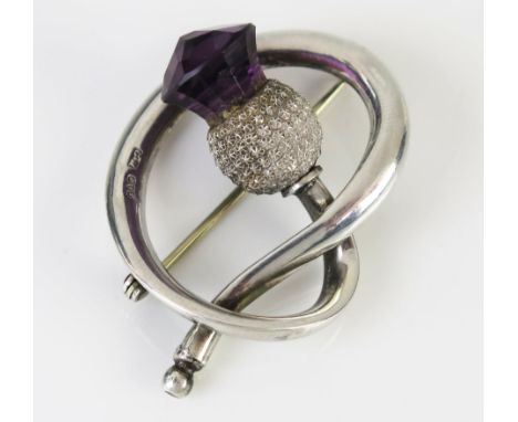 A Charles Horner Silver Amethyst Glass Thistle Brooch, 43mm wide, Chester 1907, 7.6g 