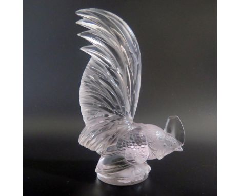 A Lalique glass car mascot 'Coq Nain': the frosted body in the form of a cockerel with tail raised, moulded  R Lalique France