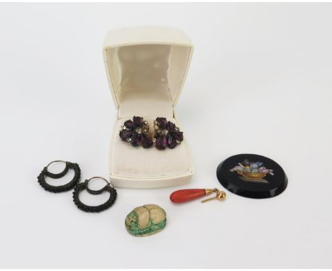 An Italian Micromosaic Panel (41x34mm), Egyptian stained bone scarab beetle with hieroglyphs, pair of antique hoop earrings, 