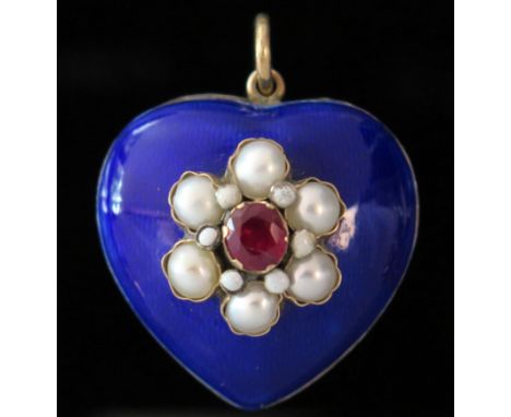 A Large Antique Heart Pendant set with a central c. 5x4.3mm pigeon blood ruby in a claw setting and with a white enamel and u