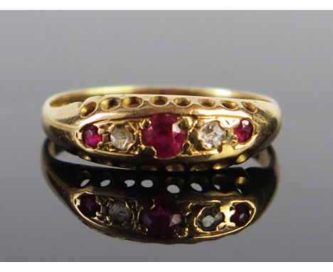 A Victorian Unmarked Gold, Ruby and Diamond Gypsy Ring, size M, 2.3g 
