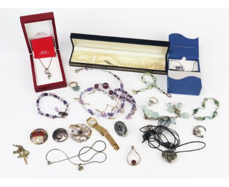 A Collection of Costume and Modern Jewellery, to include three amethyst and quartz bracelets, a silver and quartz bracelet, a