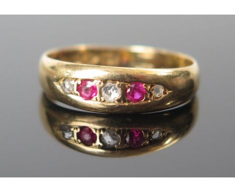 An Antique Ruby and Diamond Five Stone Ring, Chester 1908, maker J.H.W. or J.W.W.. size J.5, 2.1g 