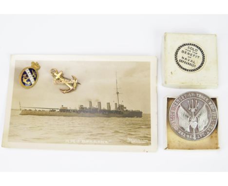 Spink &amp; Sons, a Battle of Jutland Commemorative medallion, in original box, with 9ct HMS Bellona fouled anchor lapel badg
