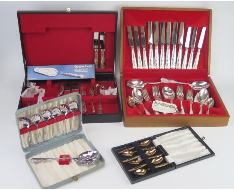 A canteen of silver plated Kings pattern flatware service, a similar part service, plated and gilded teaspoons,  dessert spoo
